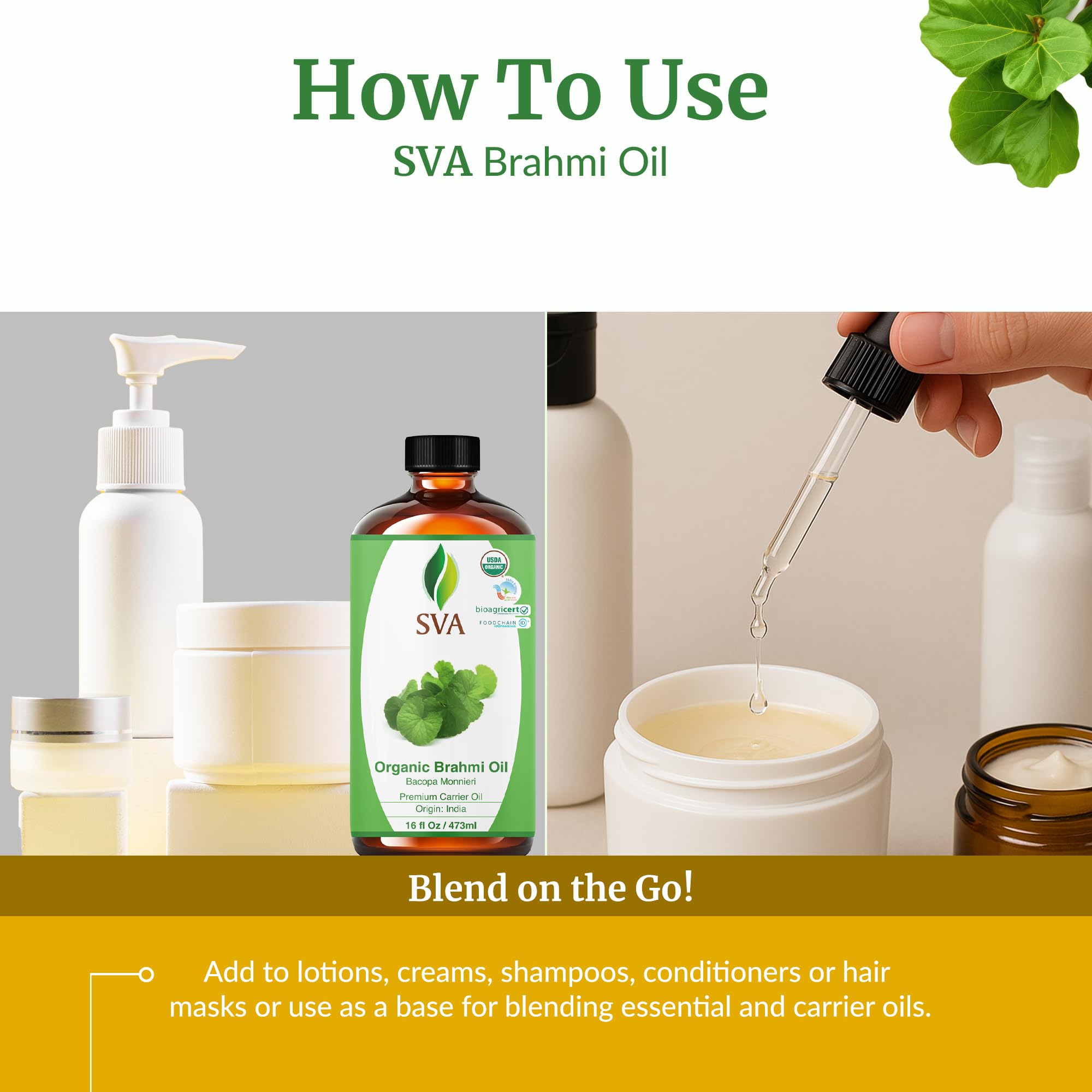 SVA Brahmi Oil Organic - 16 oz | Cold-Pressed Brahmi Carrier Oil for Hair, Skin & Massage