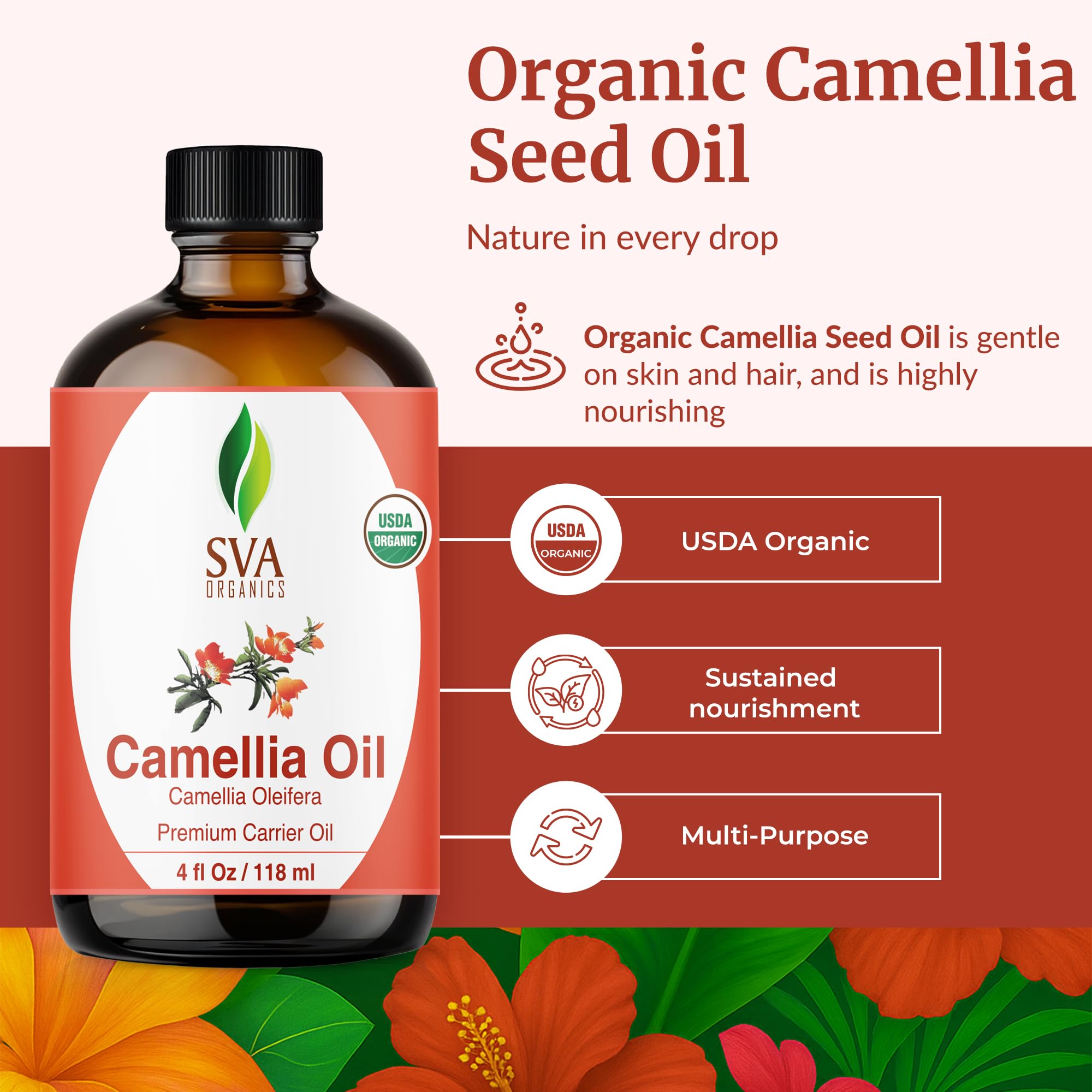 SVA Camellia Seed Oil Organic – Cold-Pressed Carrier Oil, 4 Fl Oz with Dropper