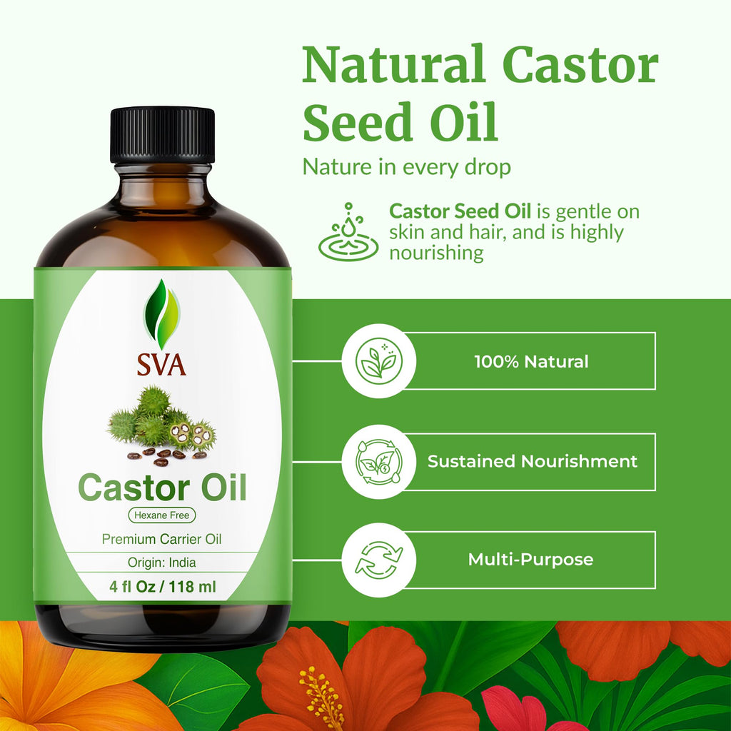 SVA Castor Seed Oil - 4 Fl Oz | 100% Natural Cold-Pressed Carrier Oil with Dropper