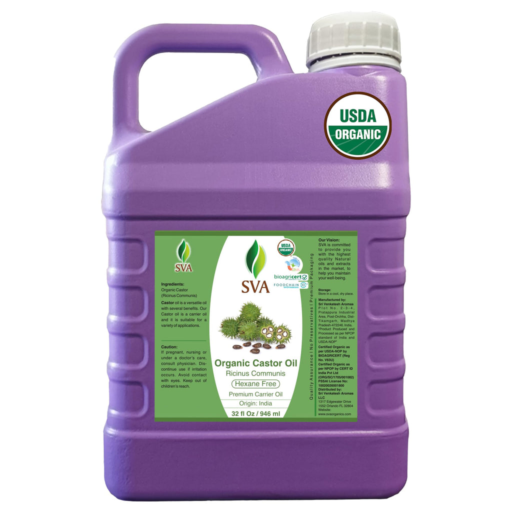 SVA Castor Seed Oi Organic Oil - 32 Fl Oz | 100% Natural Cold-Pressed Castor Oil for Face, Skin, Hair, Scalp & Body