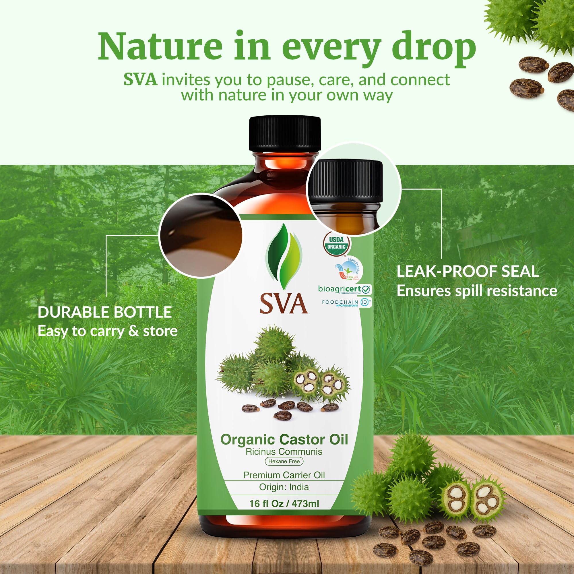 SVA Castor Seed Oil Organic – 16 Fl Oz | Cold-Pressed 100% Natural Carrier Oil