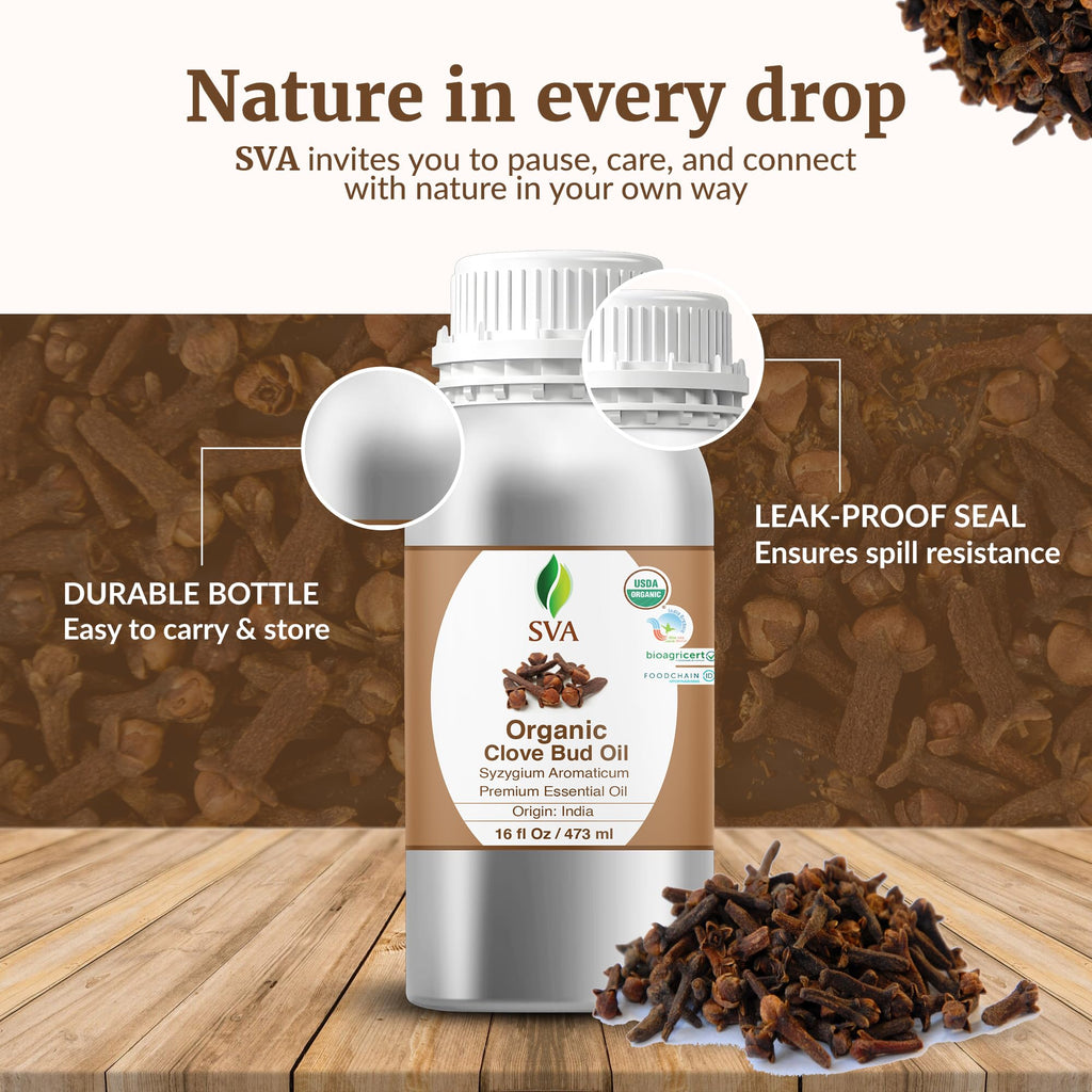 SVA Clove Bud Essential Oil Organic – 16oz | 100% Natural Clove Oil for Diffuser, Hair, Skin & Massage