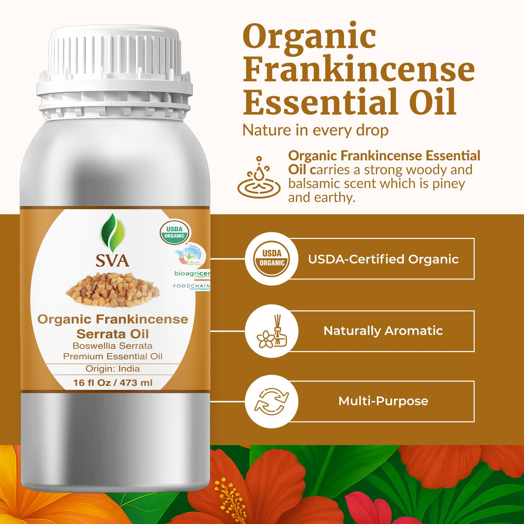 SVA Organic Frankincense Essential Oil – 16 oz – Pure Boswellia Serrata – Diffuser, Skin, Hair & Aromatherapy