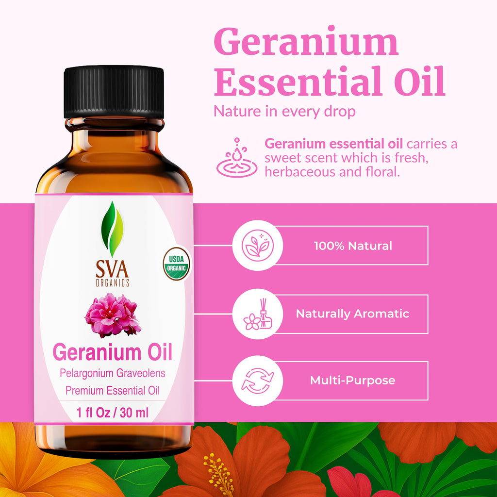 SVA Geranium Essential Oil Organic – 1 Fl Oz | 100% Natural, Diffuser, Skin & Hair Care