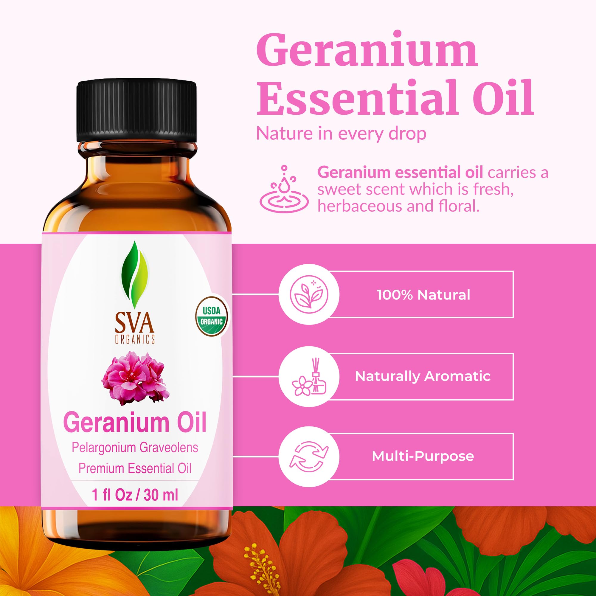 SVA Geranium Essential Oil Organic – 1 Fl Oz | 100% Natural, Diffuser, Skin & Hair Care