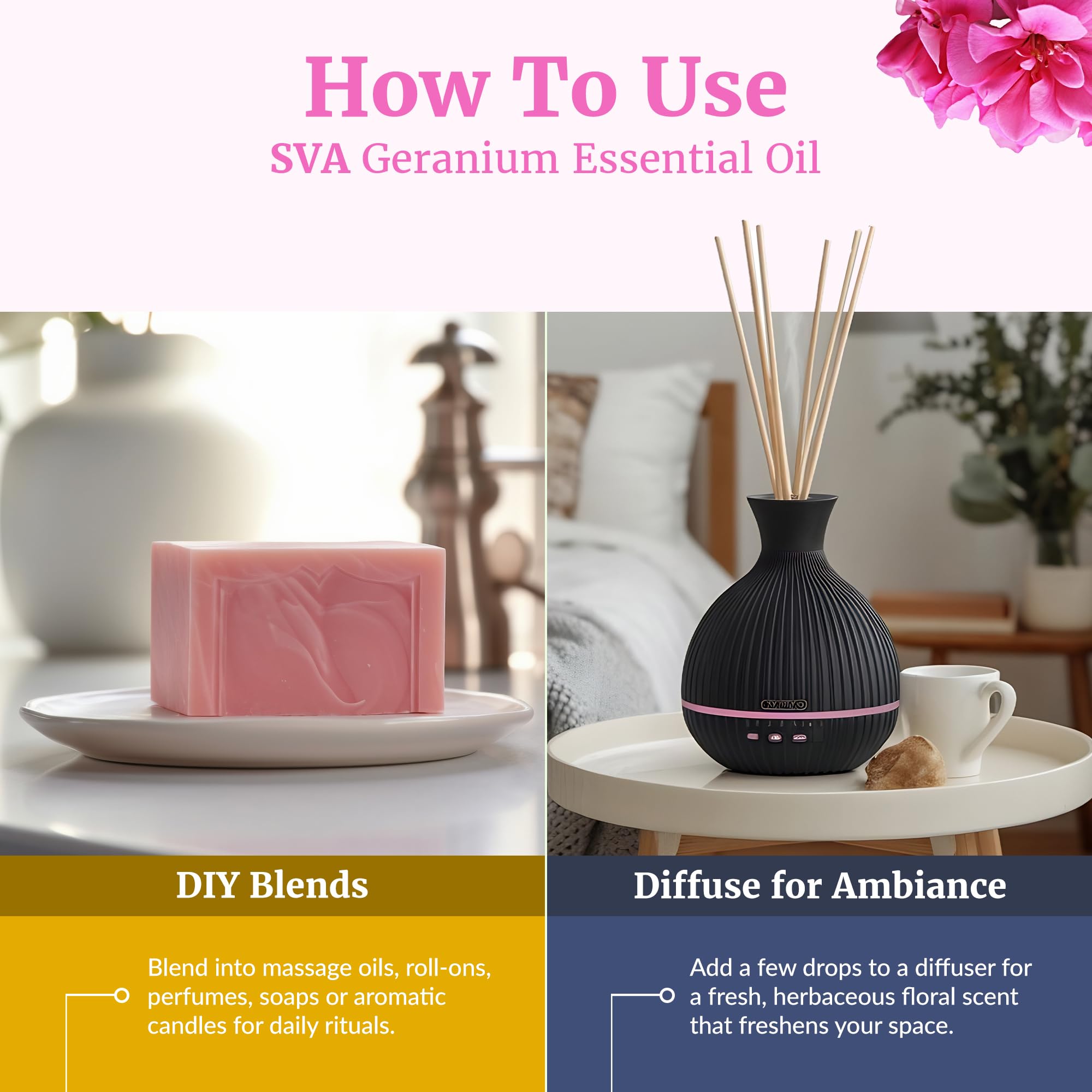 SVA Geranium Essential Oil Organic – 1 Fl Oz | 100% Natural, Diffuser, Skin & Hair Care