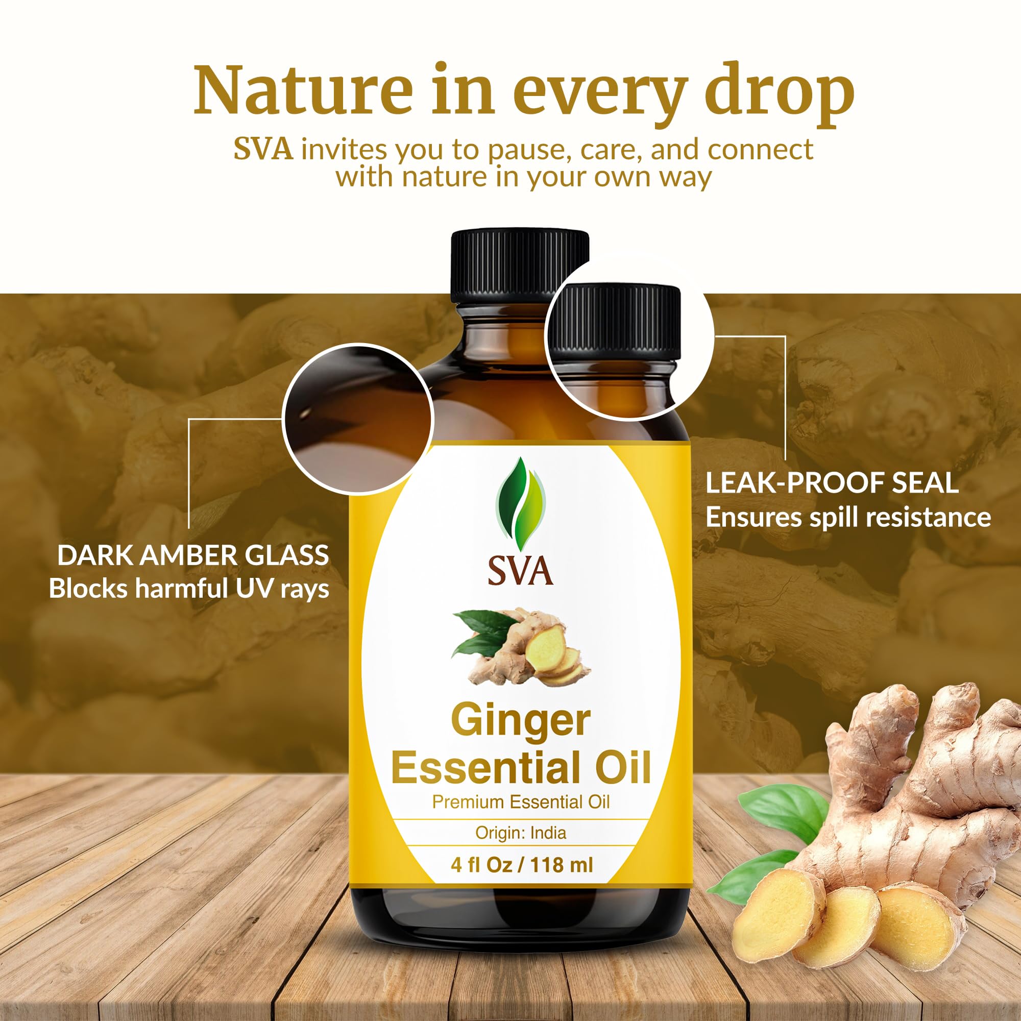 SVA Ginger Essential Oil – 4 oz | 100% Natural for Diffuser, Skin & Hair