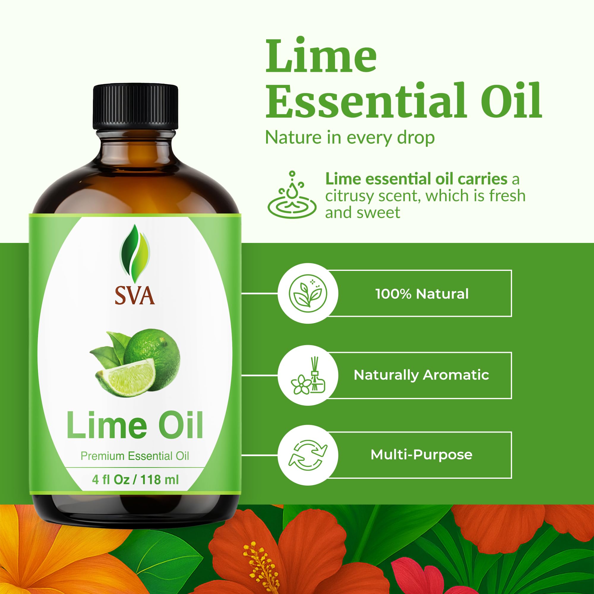 SVA Lime Essential Oil – 4 Oz, 100% Natural with Dropper | Diffuser, Skin & Hair Care
