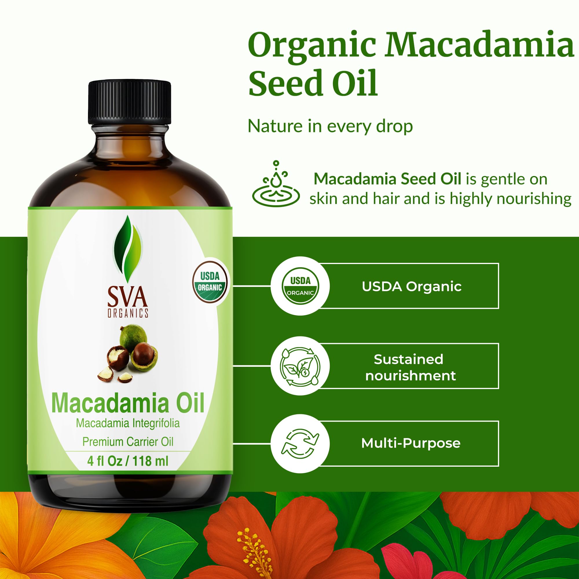SVA Macadamia Seed Oil Organic - 4 Fl Oz Cold Pressed Carrier Oil
