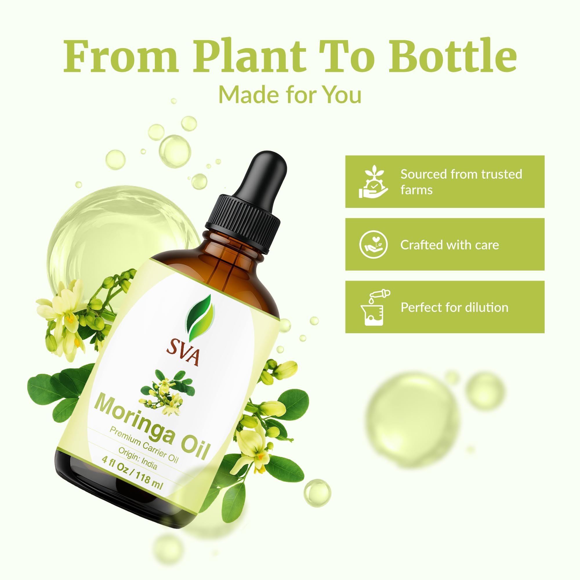 SVA Moringa Seed Oil - 4 Fl Oz | 100% Natural Cold-Pressed Moringa Carrier Oil with Dropper