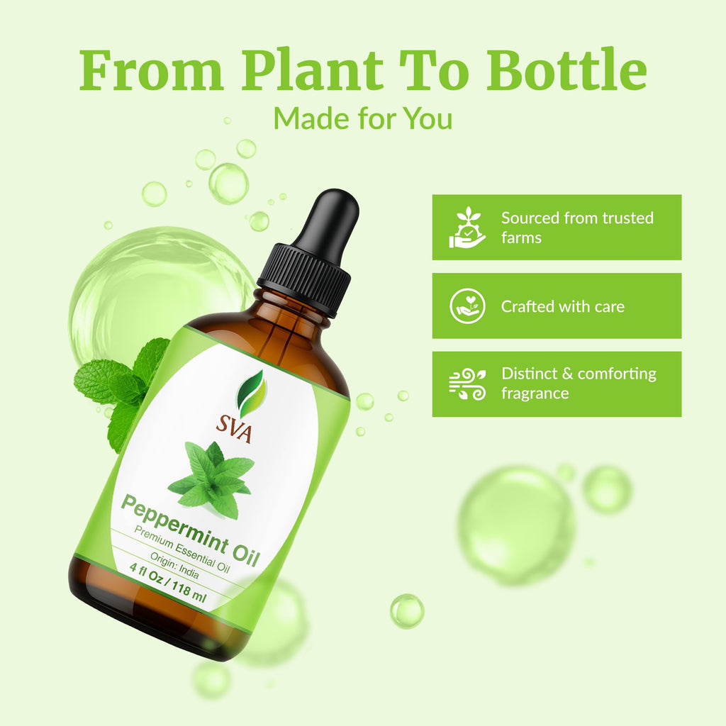 SVA Peppermint Essential Oil – 4 Fl Oz – 100% Natural for Diffuser, Hair, Skin & Aromatherapy
