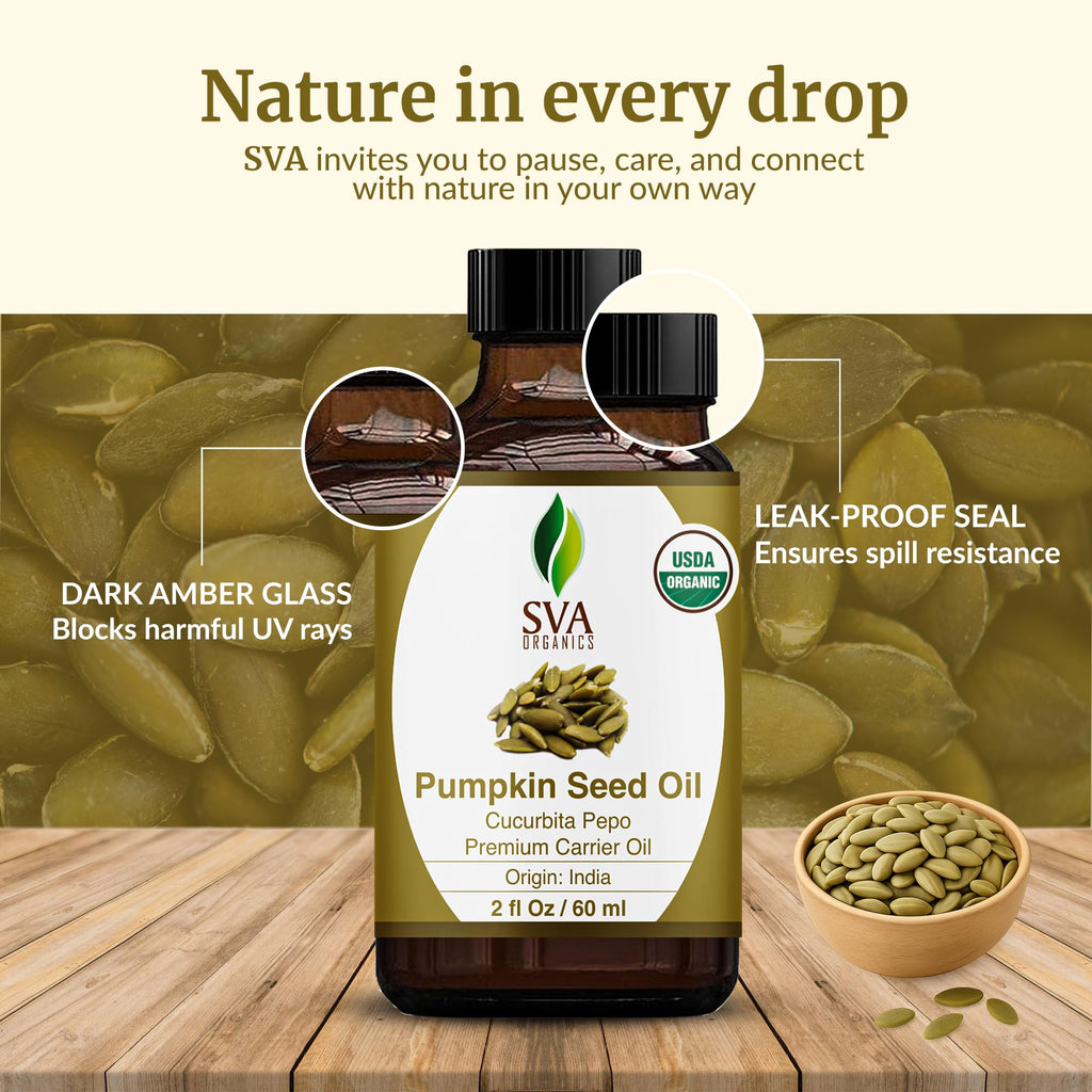 SVA Pumpkin Seed Oil Organic - 2 Fl Oz | 100% Natural Cold-Pressed Carrier Oil for Face, Skin & Hair Care
