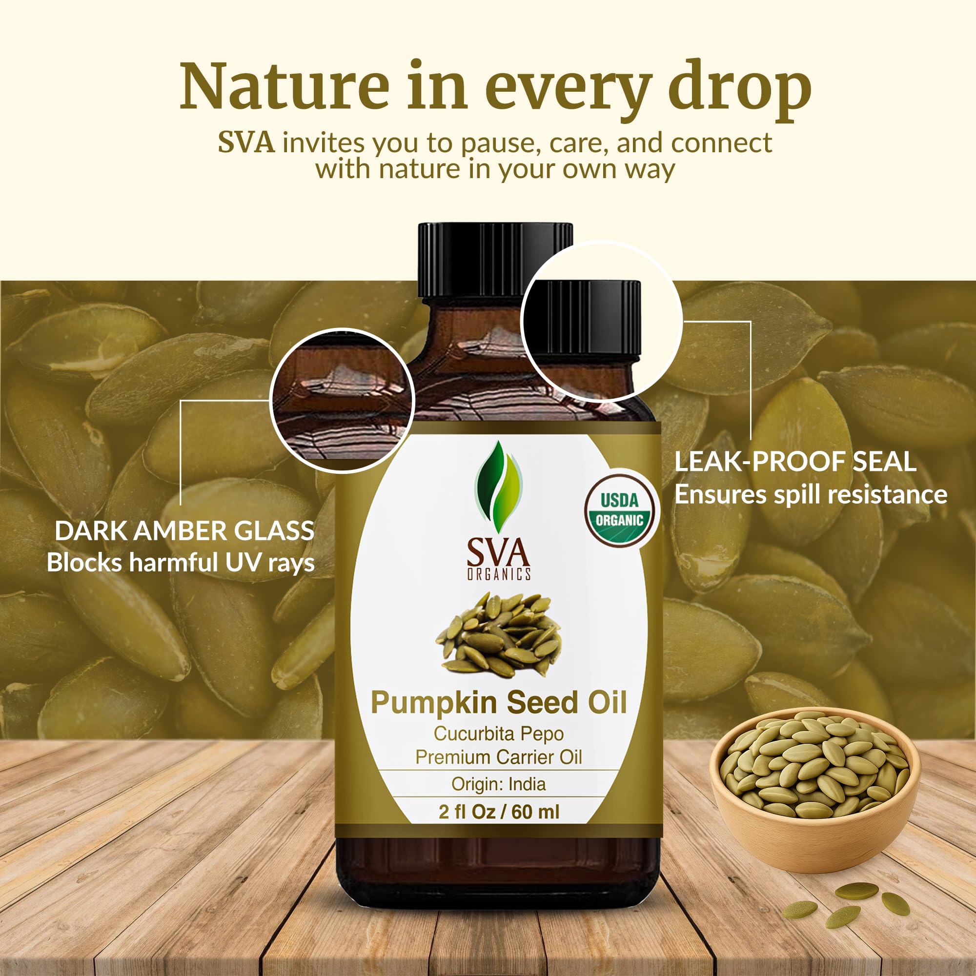 SVA Pumpkin Seed Oil Organic - 2 Fl Oz | 100% Natural Cold-Pressed Carrier Oil for Face, Skin & Hair Care