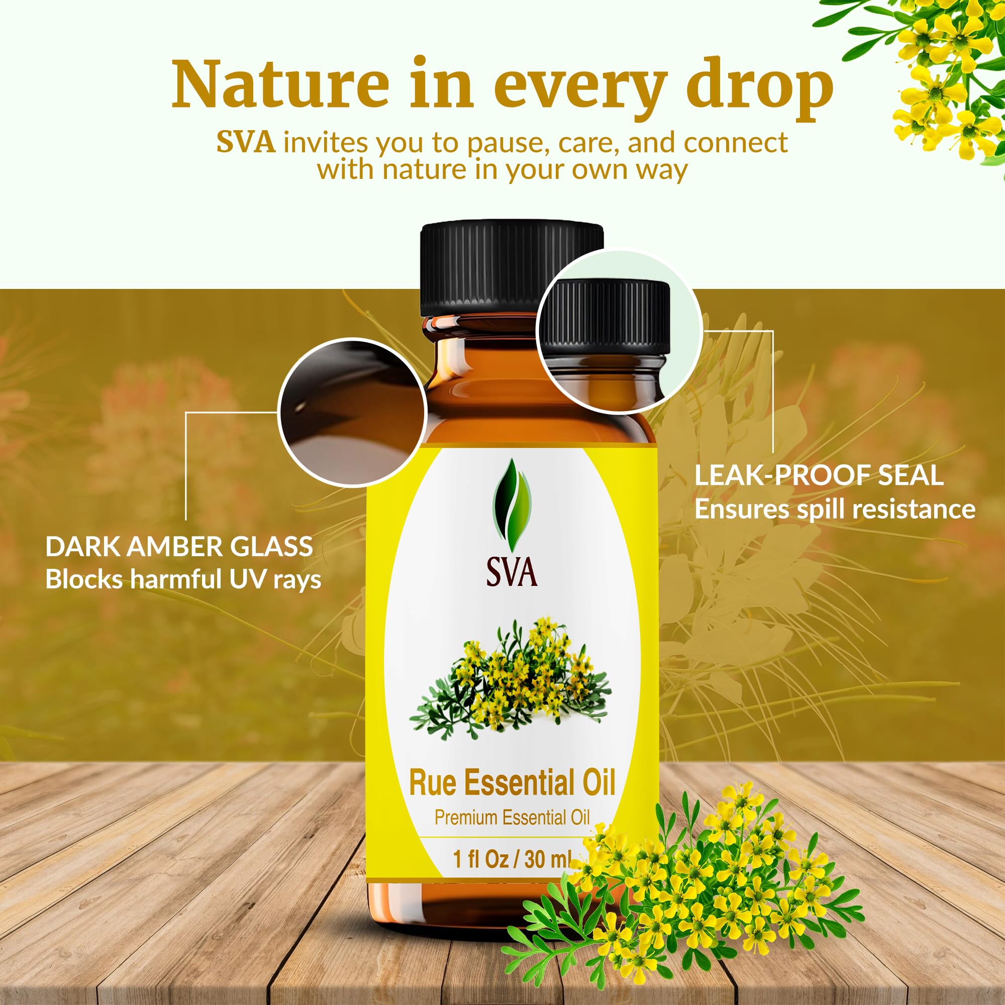 SVA Rue Essential Oil 1oz – 100% Natural Rue Oil for Diffuser, Face & Skin Care, Hair Care, Aromatherapy, Massage | Dropper