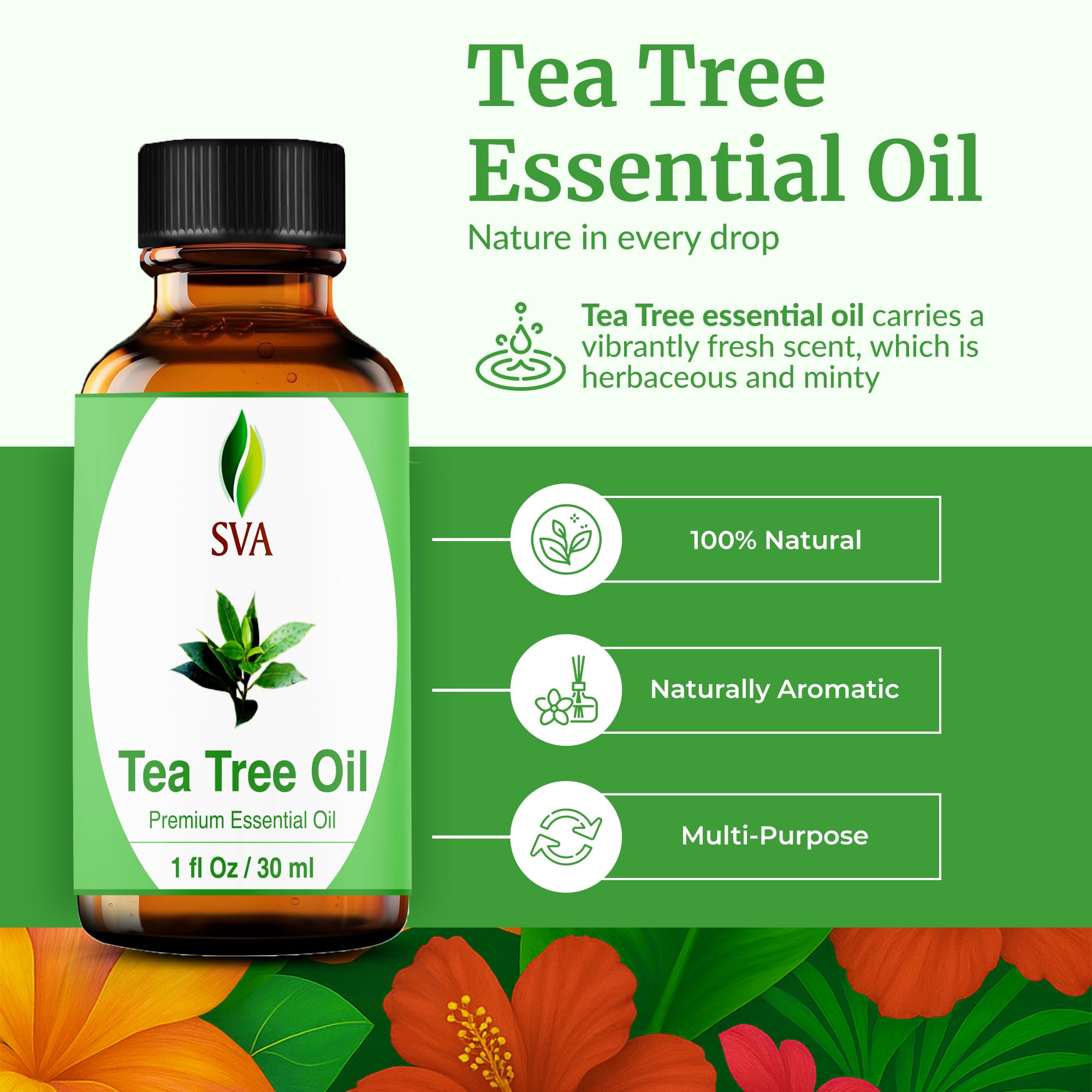 SVA Tea Tree Essential Oil 1oz – 100% Natural | Diffuser, Hair & Skin Care