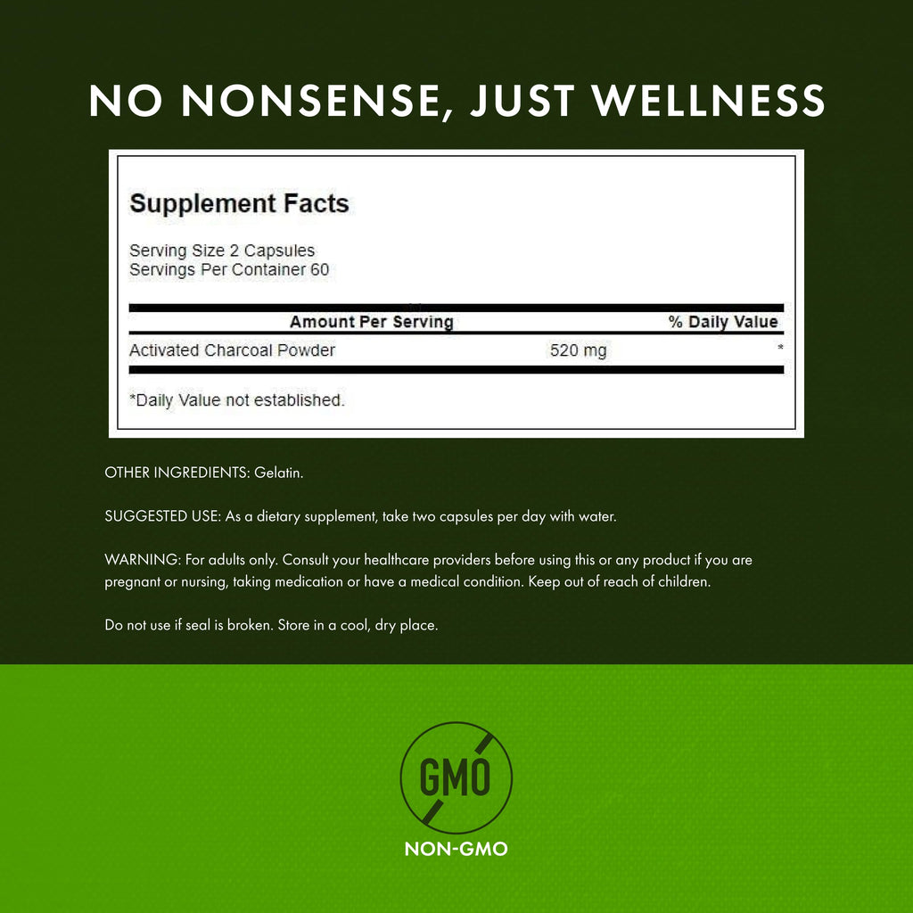 Swanson Activated Charcoal - Natural Supplement Supporting Healthy Absorption - Helps w/Bloating & Maintaining Bowel Regularity - (120 Capsules, 520mg per Serving)