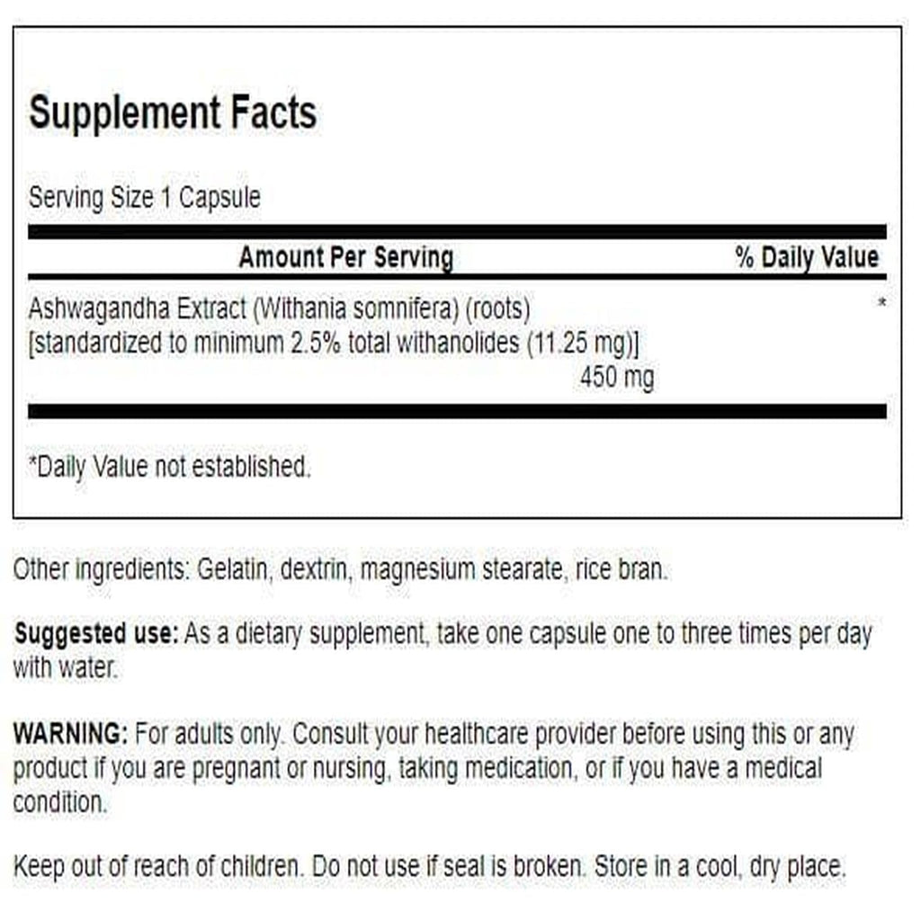 Swanson Ashwagandha Extract - Natural Stress Support, Energy & Nervous System Health - 60 Capsules (450 mg each)