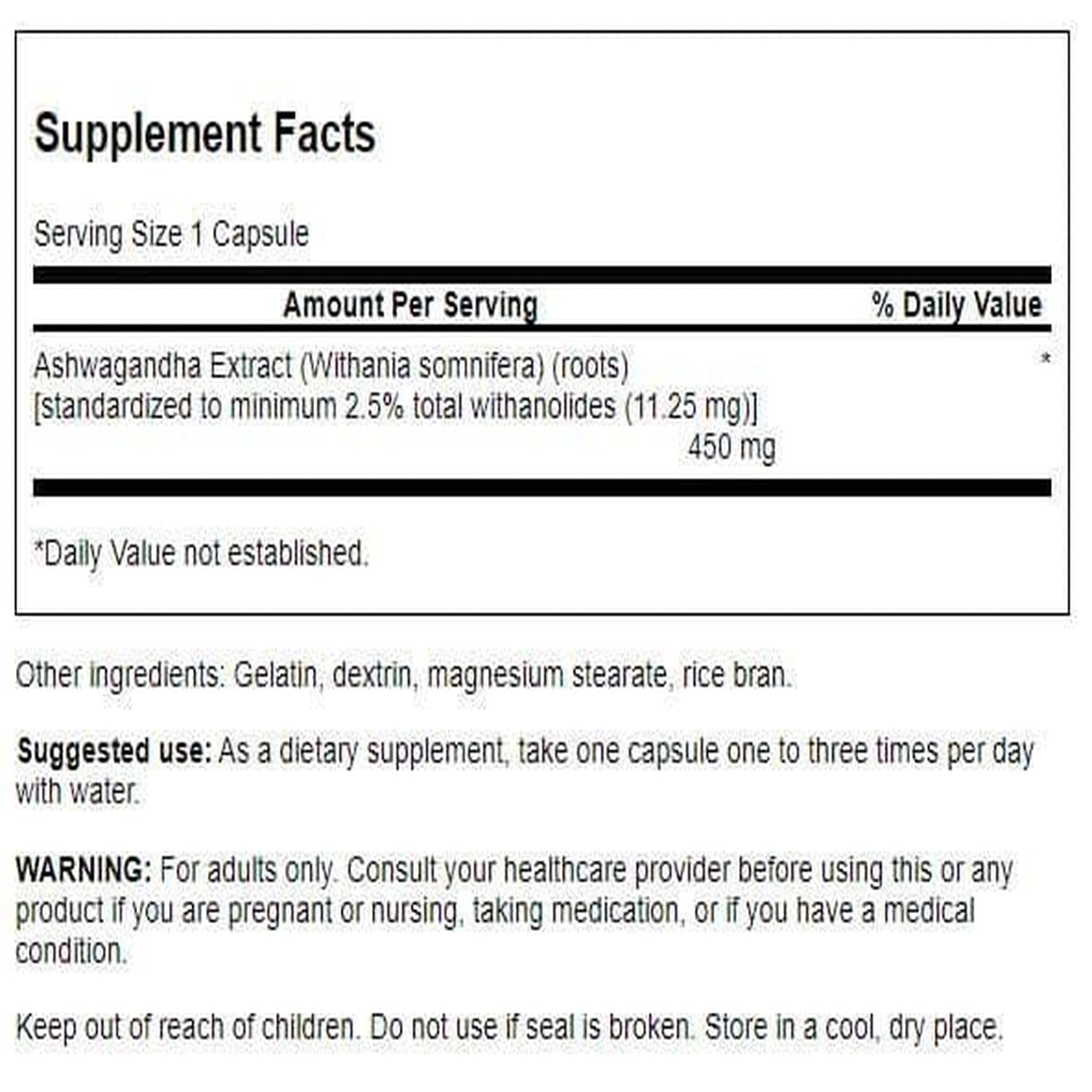 Swanson Ashwagandha Extract - Natural Stress Support, Energy & Nervous System Health - 60 Capsules (450 mg each)
