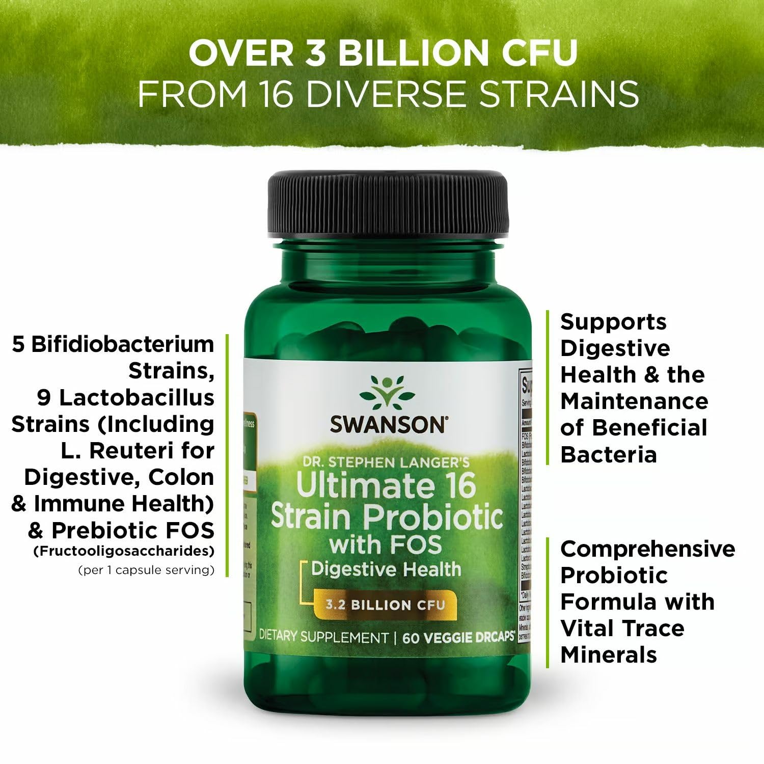 Swanson Dr. Stephen Langer's Formula - 16-Strain Probiotic, 3.2B CFU, 60 Veggie Capsules (2 Pack)