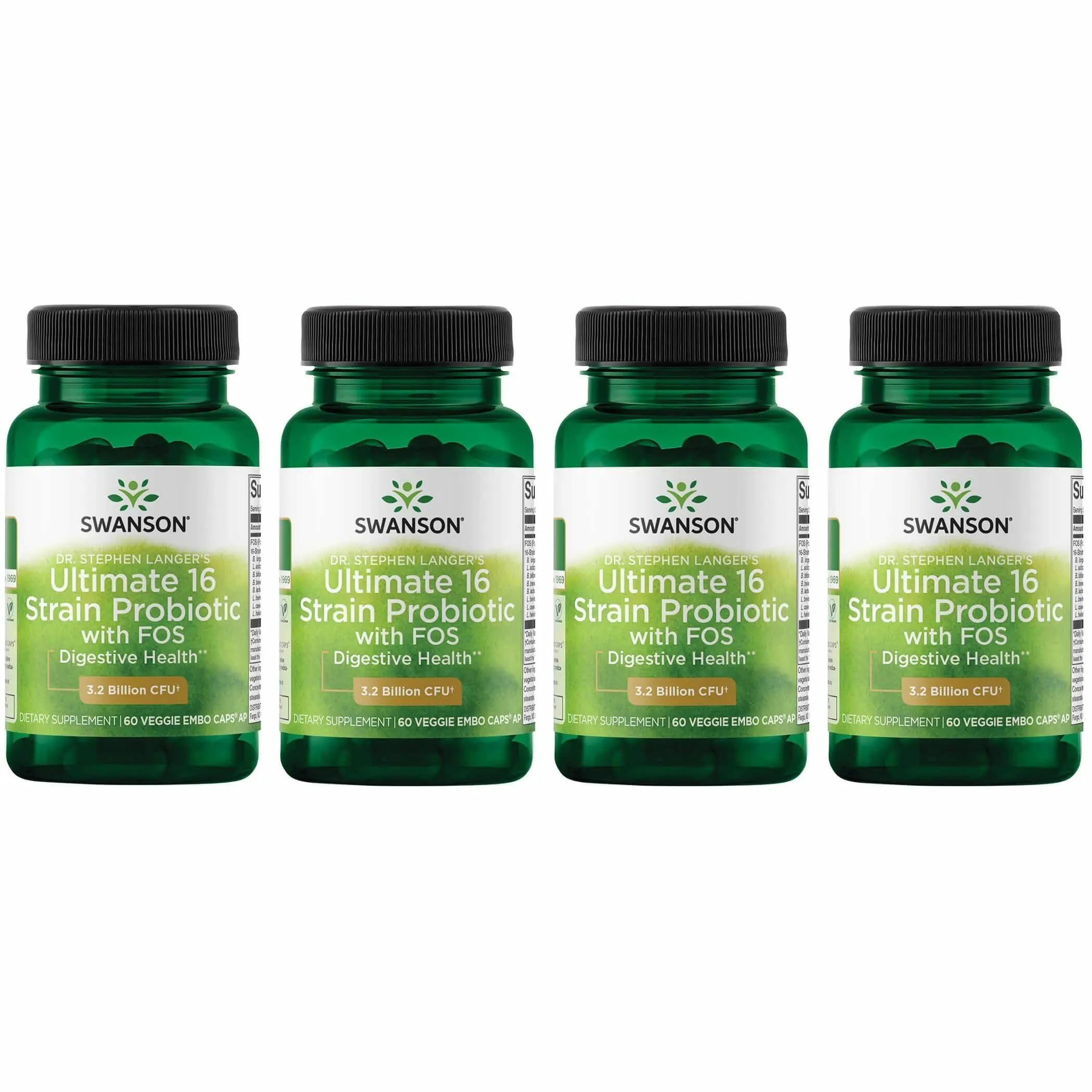 Swanson Dr. Stephen Langer's Formula — 16-Strain Probiotic with Prebiotic FOS, 3.2B CFU per Capsule (60 Veggie Caps) • 4 Pack