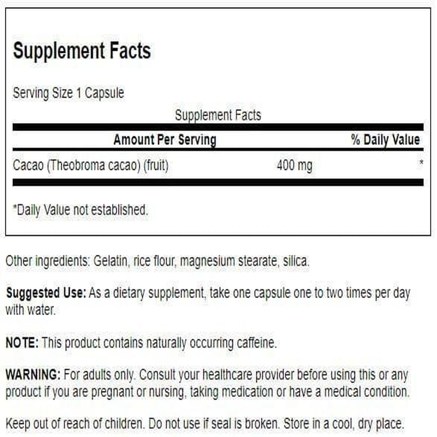 Swanson Full Spectrum Cacao (Raw Cocoa) – Herbal Energy Support, 60 Capsules (400 mg Each)