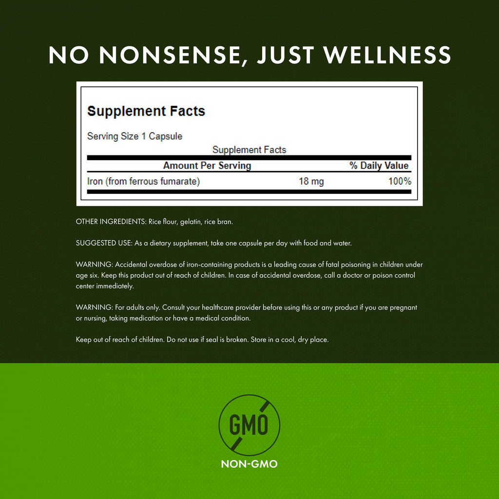 Swanson Iron (Ferrous Fumarate) – Energy Support, Oxygen Delivery & Fatty Acid Metabolism | 60 Caps, 18 mg