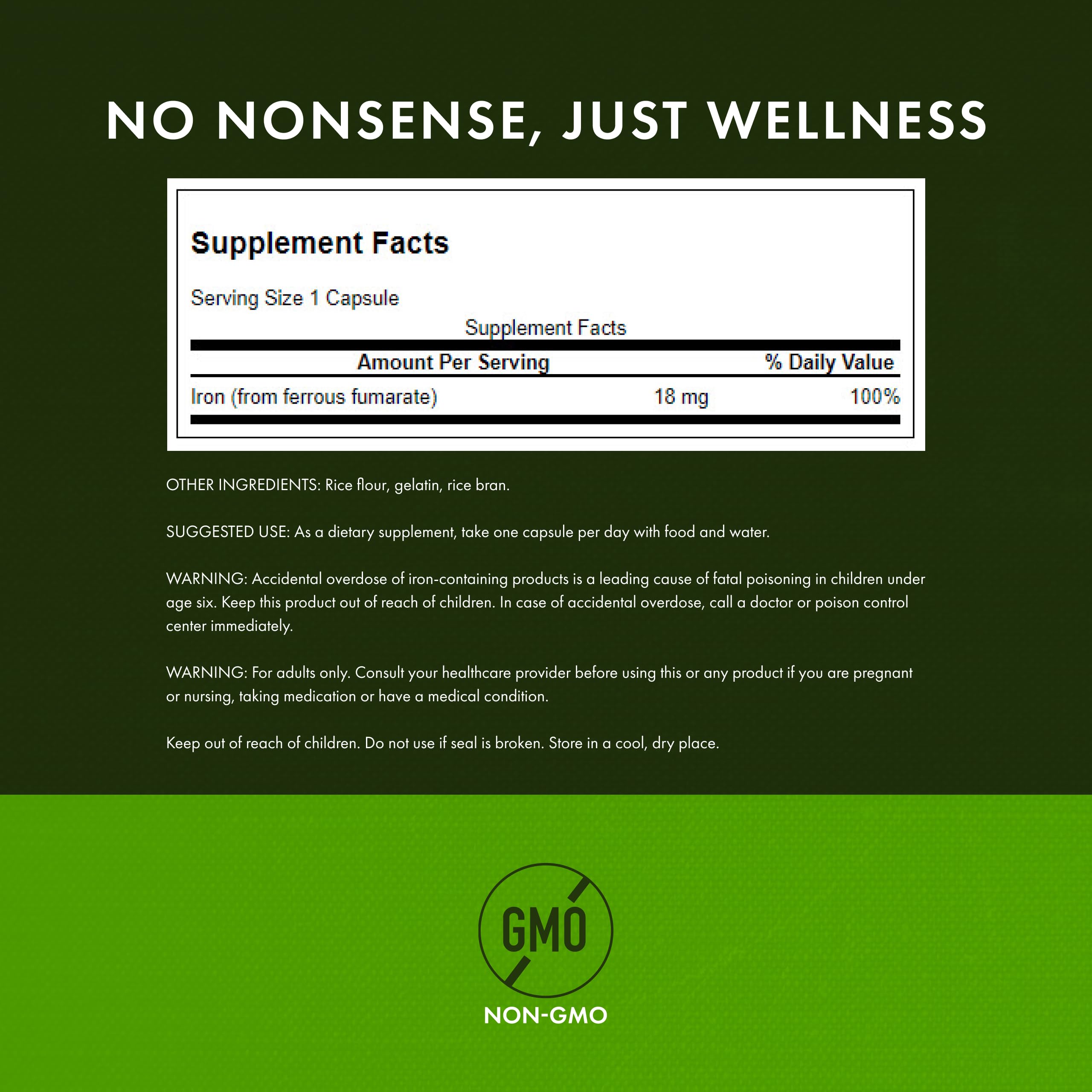 Swanson Iron (Ferrous Fumarate) – Energy Support, Oxygen Delivery & Fatty Acid Metabolism | 60 Caps, 18 mg