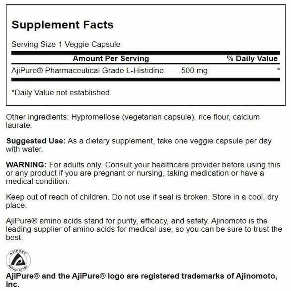 Swanson L-Histidine with Ajipure 500 mg - 60 Veg Caps (2 Pack)