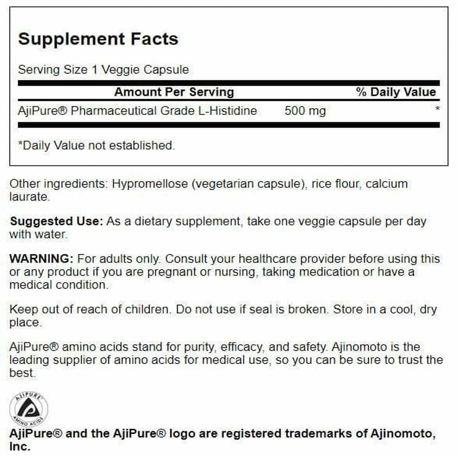 Swanson L-Histidine with Ajipure 500 mg - 60 Veg Caps (2 Pack)