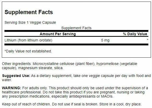Swanson Lithium Orotate - Mood & Memory Support, 5 mg, 60 Veggie Caps (4 Pack)