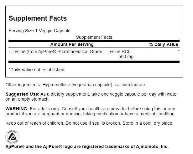 Swanson Ajipure L-Lysine 500 mg Pharmaceutical Grade – 90 Veg Capsules (Pack of 2)