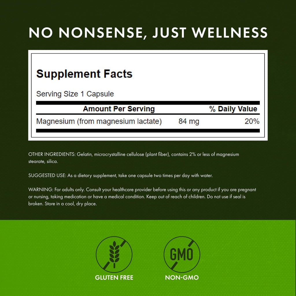 Swanson Magnesium Lactate (84 mg) - Lactose-Free Mineral Supplement, 120 Capsules