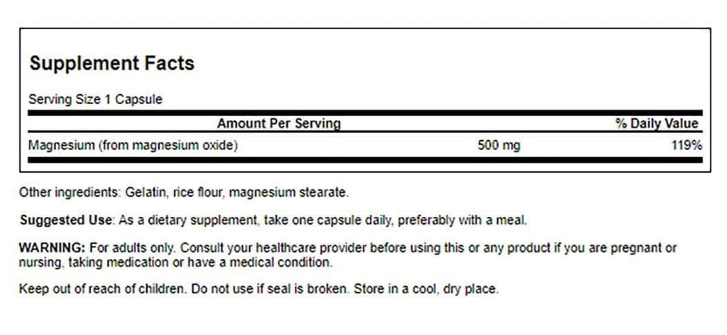 Swanson Magnesium Oxide 500 mg 100 Caps – Supports Muscles, Bones & Health
