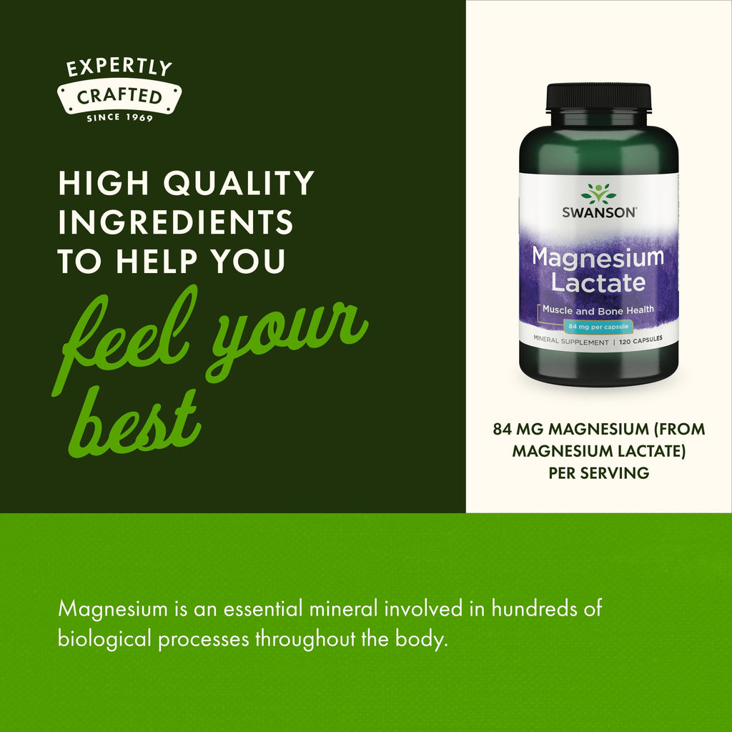 Swanson Magnesium Lactate - Lactose-Free Magnesium with Gentle Absorption | 4-Pack (480 capsules)