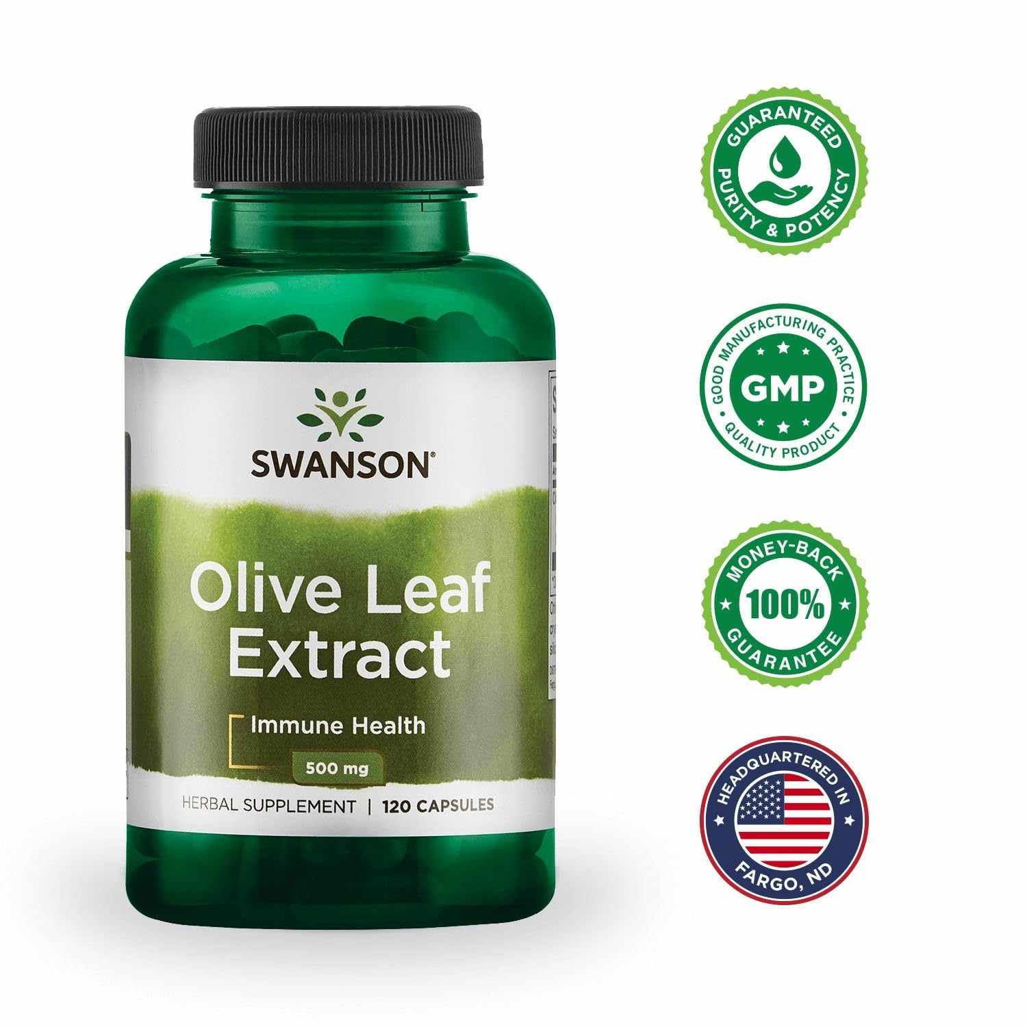 Swanson Olive Leaf Extract Capsules 20% Oleuropein - 4 Bottles (120 x 500 mg)