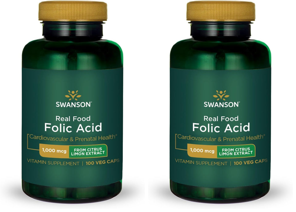 Swanson Real Food Folic Acid 1000 mcg Veggie Capsules – Prenatal Health (Vegan, Gluten-Free, Non-GMO) Pack of 2