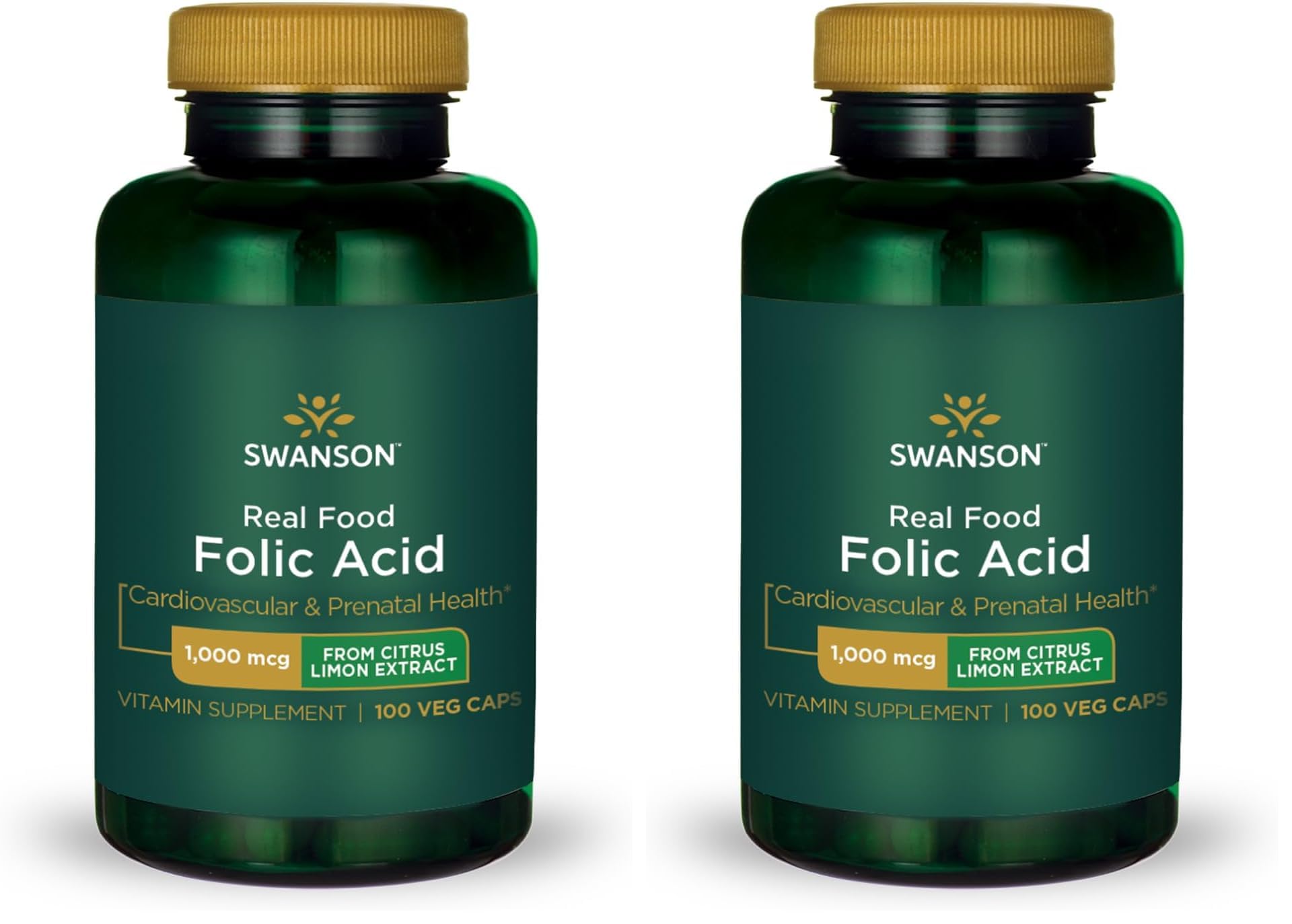 Swanson Real Food Folic Acid 1000 mcg Veggie Capsules – Prenatal Health (Vegan, Gluten-Free, Non-GMO) Pack of 2