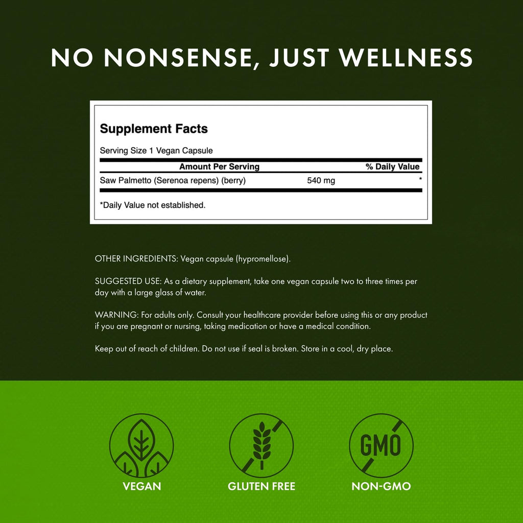 Swanson Saw Palmetto – Prostate & Urinary Health Support, Hair Benefits (540 mg, 250 Capsules) – 3 Pack