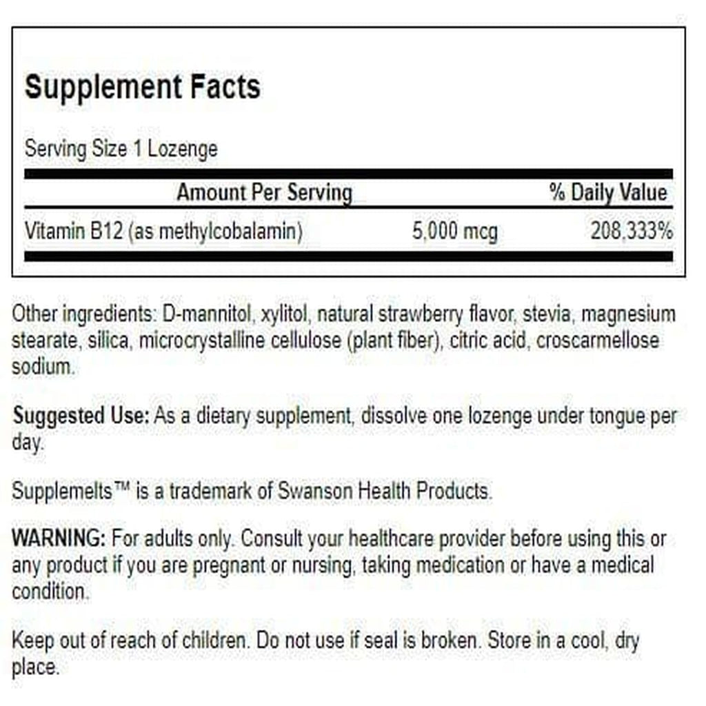 Swanson Supplements Sublingual Vitamin B-12 5 mg, 60 Tabs | Supports Energy & Nervous System
