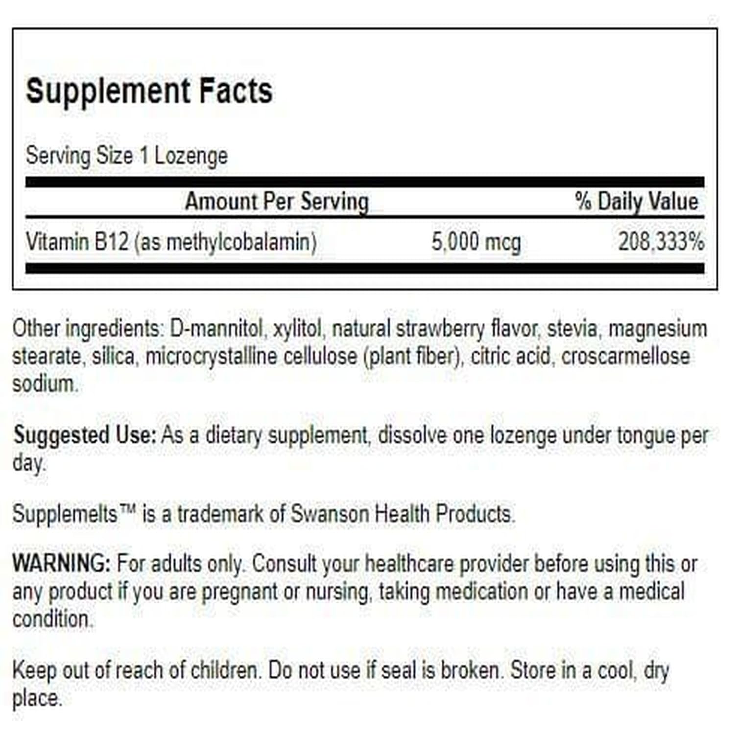 Swanson Supplements Sublingual Vitamin B-12 5 mg, 60 Tabs | Supports Energy & Nervous System