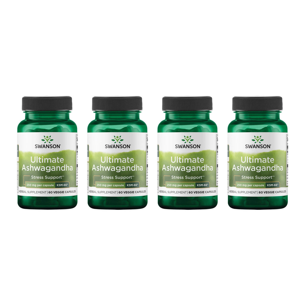 Swanson Ultimate Ashwagandha KSM-66 – Stress Support & Relaxation (60 Veggie Capsules, 250 mg) – 4 Pack