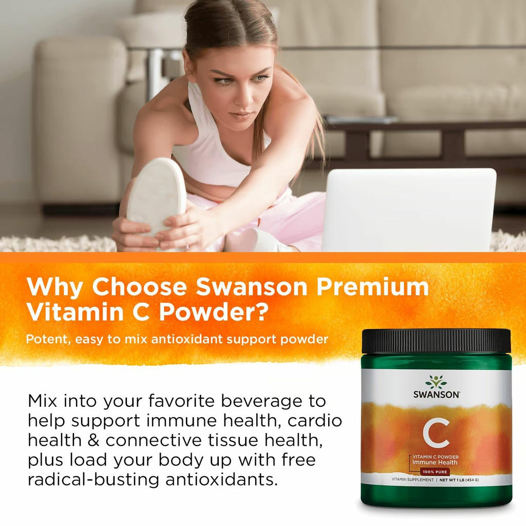 Swanson Vitamin C Powder 100% Pure Ascorbic Acid – Immune Support, Skin & Cardiovascular Health | 1000 mg per Serving, 1 lb, 3 Pack