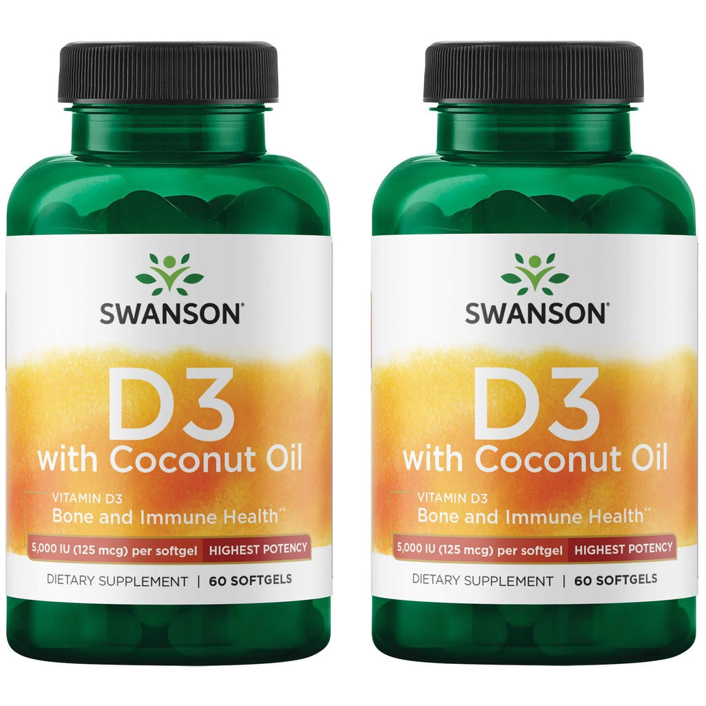 Swanson Vitamin D-3 with Coconut 125mcg (60 Softgels) – Bone Health & Immune Support (2 Pack)