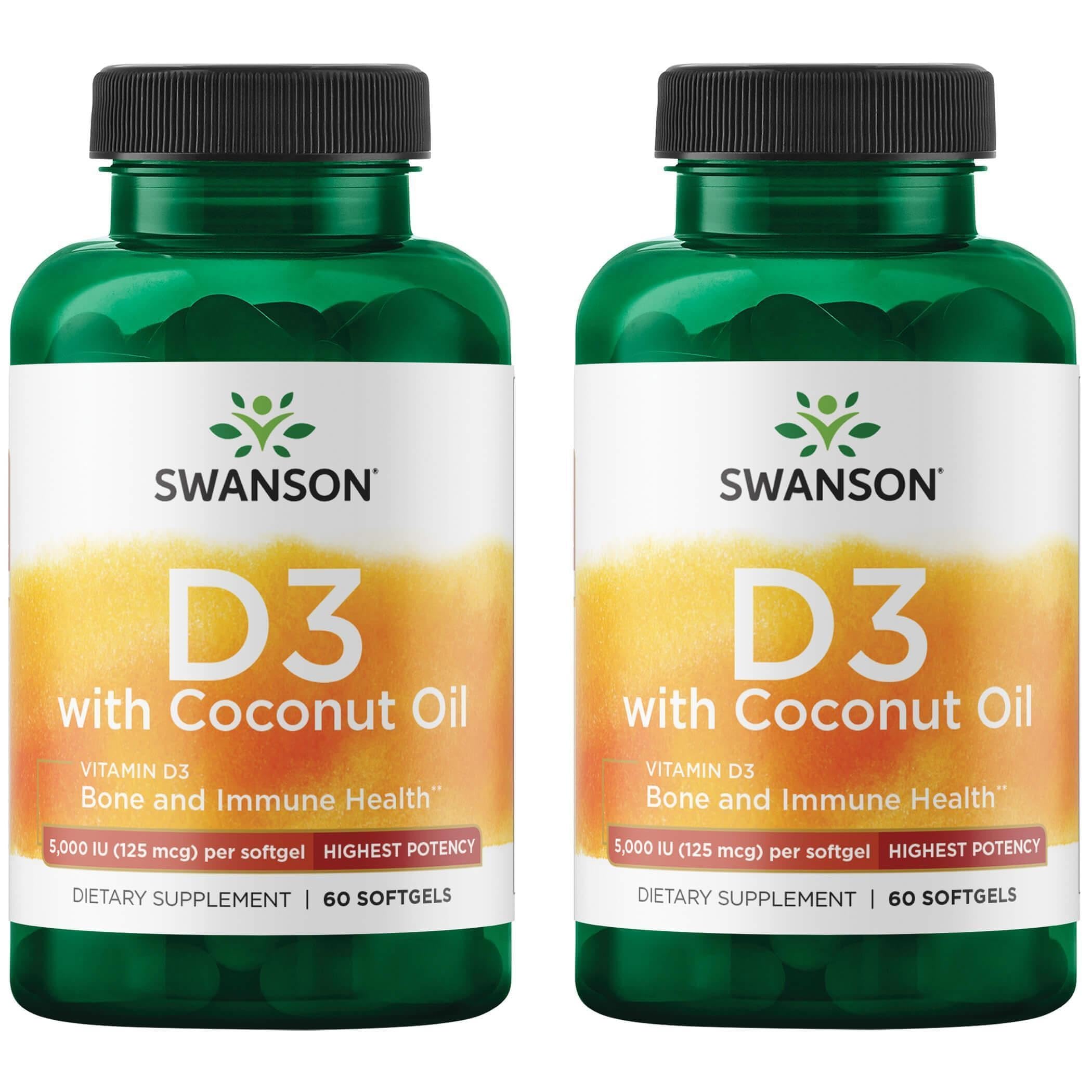 Swanson Vitamin D-3 with Coconut 125mcg (60 Softgels) – Bone Health & Immune Support (2 Pack)
