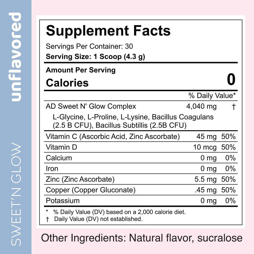 Sweet'N Glow Zero Calorie Sugar Free Collagen Booster – 30 Servings (Unflavored)