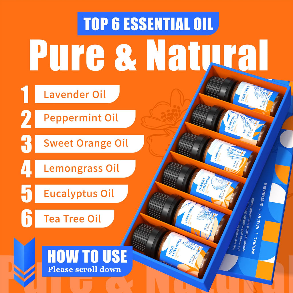 HIQILI Essential Oils for Diffusers for Home – Beginner Kit Gift Set (6x10ml)