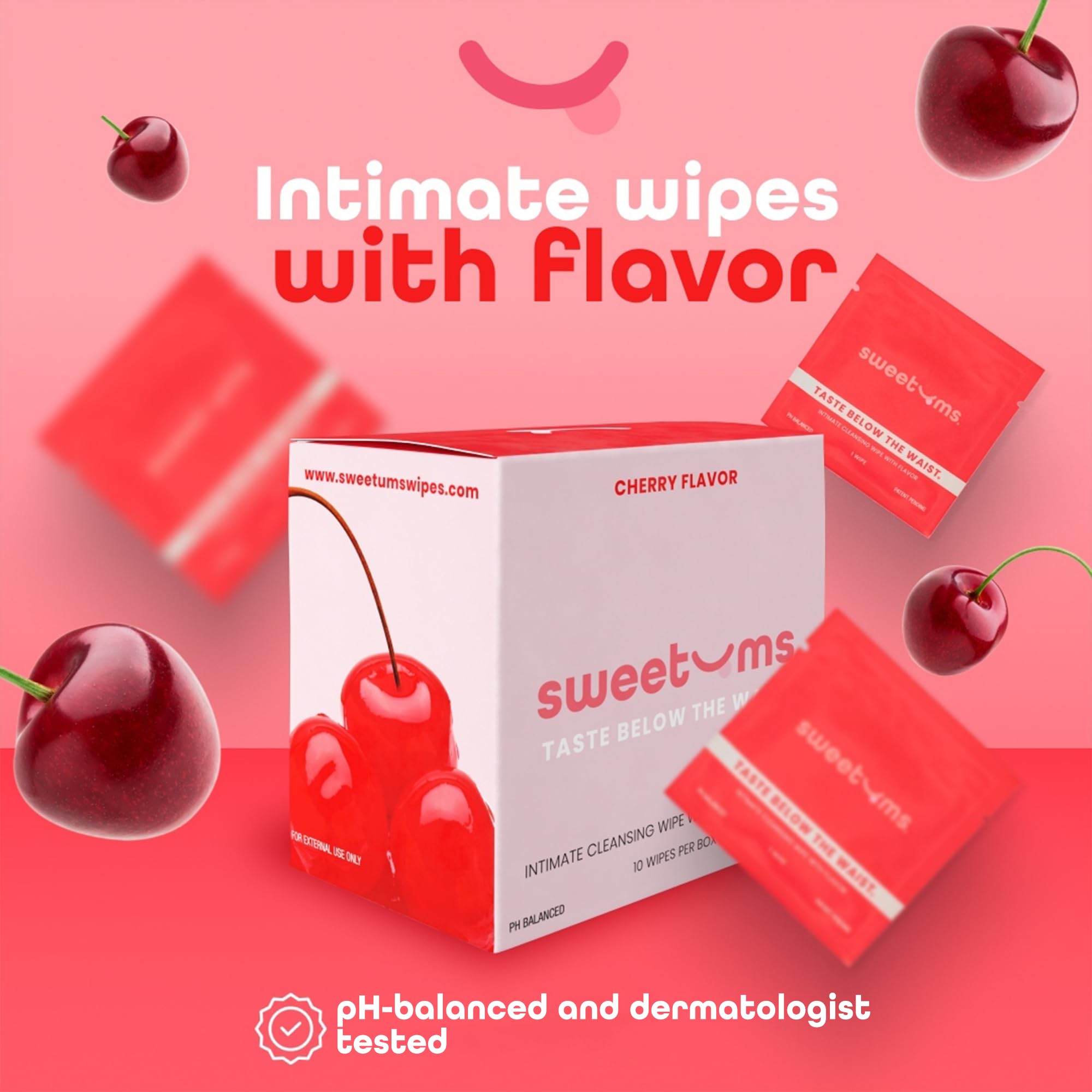 Sweetums Feminine Wipes for Women | pH Balanced Cherry Flavor, Individually Wrapped (Pack of 10)