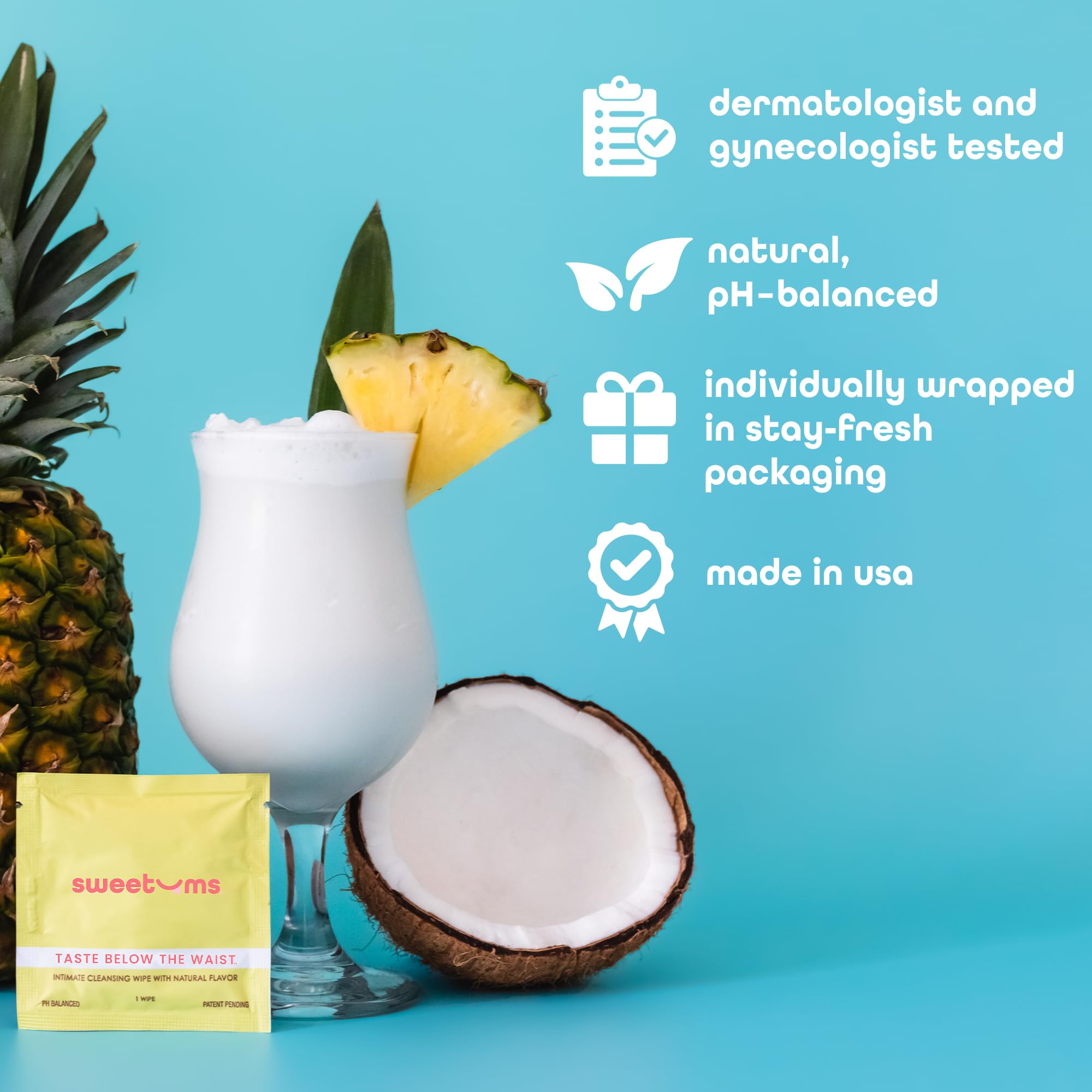 Sweetums Feminine Wipes for Women – pH Balanced, Pina Colada Flavor, Individually Wrapped (Pack of 10)