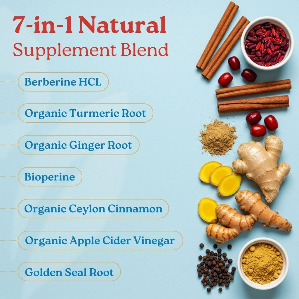 Swiss Activa+ Labs Organic 7-in-1 Berberine Supplement | 600mg Berberine HCl + Cinnamon, Turmeric, Ginger, ACV | Metabolic, Heart & Digestive Support | Vegan, Non-GMO | 30-Day Supply
