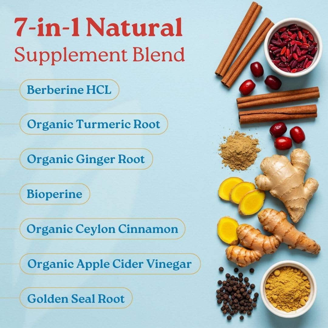 Swiss Activa+ Labs Organic 7-in-1 Berberine Supplement | 600mg Berberine HCl + Cinnamon, Turmeric, Ginger, ACV | Metabolic, Heart & Digestive Support | Vegan, Non-GMO | 30-Day Supply